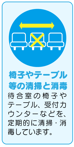 椅子やテーブルなどの清掃と消毒
待合室の椅子やテーブル、受付カウンターなどを、定期的に清掃・消毒しています。