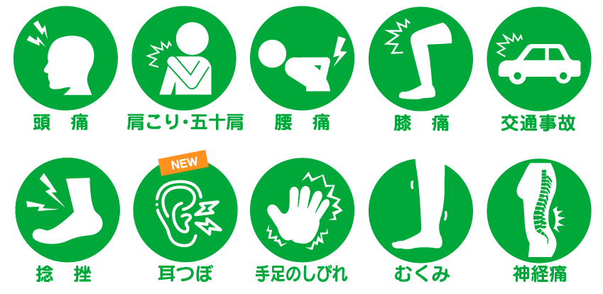 頭痛/肩こり・五十肩/腰痛/膝痛/交通事故/捻挫/耳つぼ/手足のしびれ/むくみ/神経痛